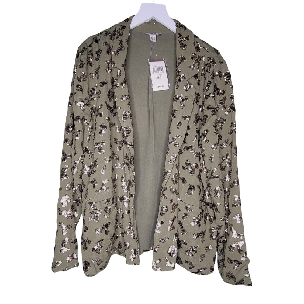 Lucky Brand Sequin Jacket Olive Green Open Front Pockets Lined Fairy Boho XS/S